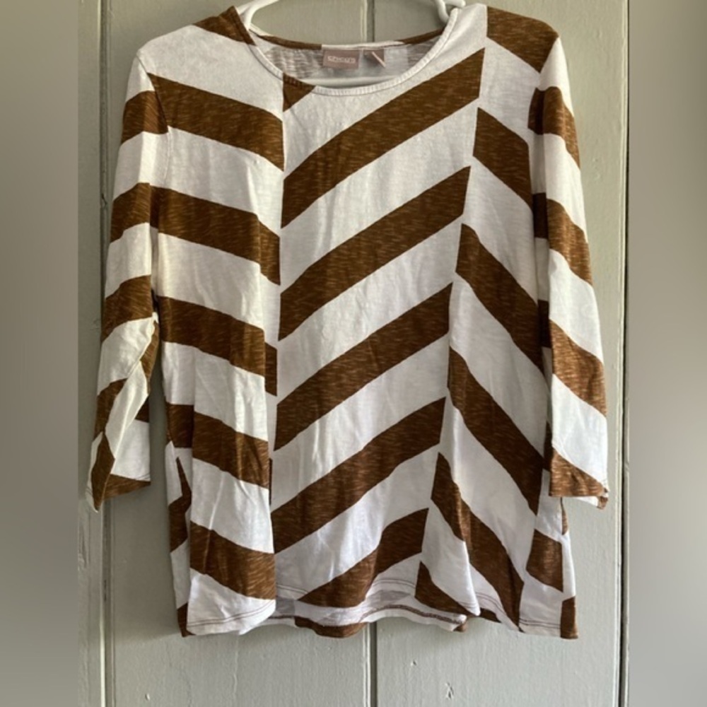 Chico’s 2 Brown White Stripe 3/4 Sleeve Top Blouse
